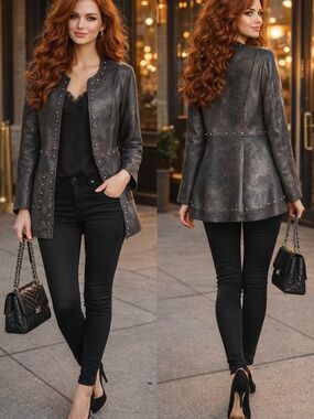 Joseph Ribkoff Metallic Black Stud-Trim Peplum Jacket